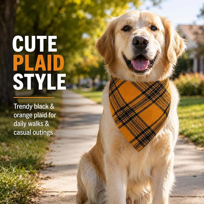 Dog Bandana Black & Orange Plaid - 100% Cotton Soft, Adjustable Snap,Large
