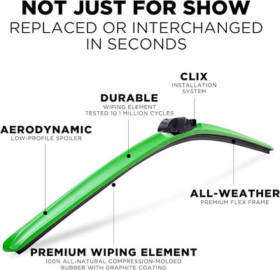 ClixWipers 22" + 18" (Set of 2) Green All Weather Premium Automotive Replacement Windshield Wiper Blades, Passenger and Driver Side Winter Wiper Blades for Various Car Models
