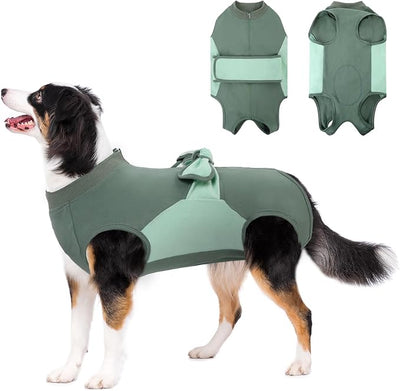 SAWMONG Zipper Recovery Suit for Dogs, Cotton Dog Surgery Suit Female Spay Pet Male Breathable, Neuter Onesie Bodysuit Prevent Licking Wounds, Substitute E-Collar & Cone(Green, X-Large)