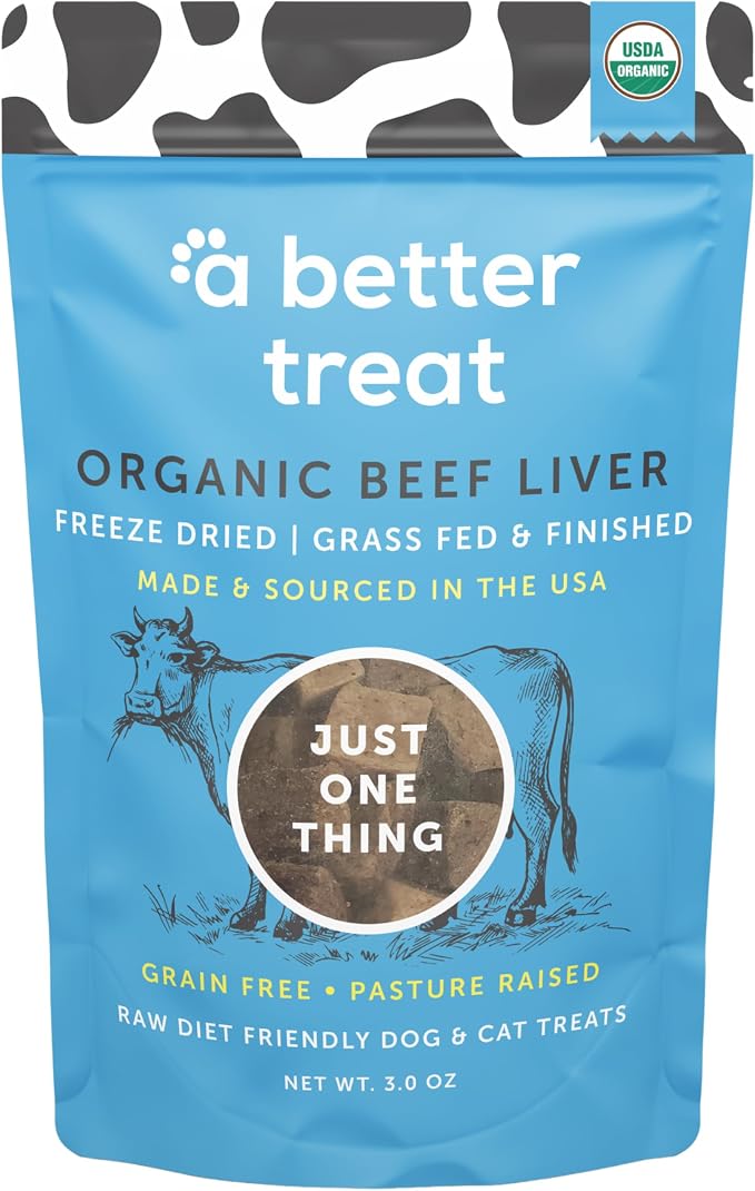 Organic, Freeze Dried, Single Ingredient, 100% Grass Fed and Finished Beef Liver Dog Treats, Cat Treats | Natural Healthy | Grain Free, High Protein, Diabetic Friendly | Made in USA