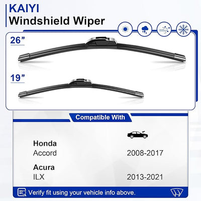 KAIYI 26" + 19" Windshield Wipers Compatible with Honda Accord 2008-2017,Acura ILX 2013-2021 Premium Automotive Replacement Windshield Wiper Blades 2 Pack