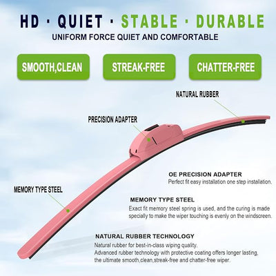 OEM QUALITY 26" + 16" PARRATI Premium All-Season Pink Windshield Wiper Blades (Set of 2)