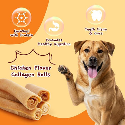 Jungle Calling 18.3 oz Collagen Rolls for Dogs, 7 Inch Long Lasting Dog Treats, Chicken Flavor Rawhide Alternative, Digestible Chew Bones for Medium and Large Dogs, 4 Count