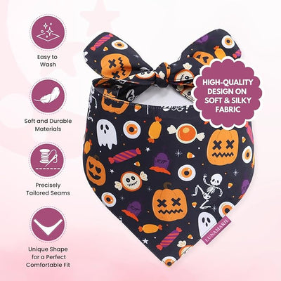 LunaMarie - Luxury Cat and Dog Bandanas - Halloween Designs | Premium Silky Poly Fabric | 100% Handmade Custom Shape Dual Layered Small, Medium, Large Cat Scarf (Trick-Or-Treat, Large)