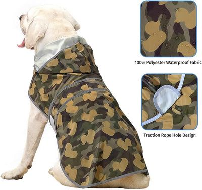Dog Raincoat for Large Dogs Waterproof Jacket Hooded Rain Coats with Reflective Strips Leash Hole & Poncho Adjustable Fit (CamoDuck,XXL)