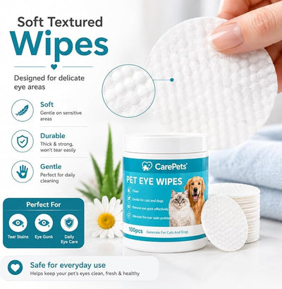 Eye Wipes, 100 Count Pet Tear Stain Cleaning Pads for Dogs and Cats, Gentle Textured Eye Area Wipes with Aloe Vera and Chamomile, Fragrance Free (1) | Gentle Textured Eye Wipes