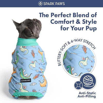 Spark Paws Dog Pajama, Dog Recovery Suit Male, Onesie, Ultra-Soft and 4-Way Stretch, for Small Medium and Large Breeds - Dragons - XL