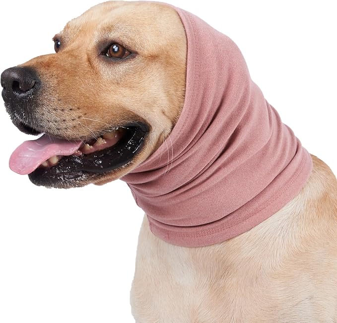 Meifsou Calming Hoodie for Dogs - Stretchy Dog Ear Cover, No Shake Anxiety Head Wrap Quiet Ears, Pet Snoods for Thunder, Lightning, Fireworks, Vet Visits, Grooming, Rabbit Plush Fabric, Pink L