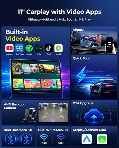 LAMTTO Extra Large 11 Inch Carplay Screen for Car, Built-in YouTube/TikTok Entertainment Video APPs, Backup Camera, Wireless Car Play and Android Auto Screen with Navigation/Voice Assistant/OTA Update