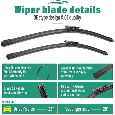 22" 20" Windshield Wiper Blades Replacement for Lincoln MKZ 2013-2020 / Ford Mustang 2010-2024 Original Factory Quality Front Wipers Blade Set for My Car - (Pack of 2)
