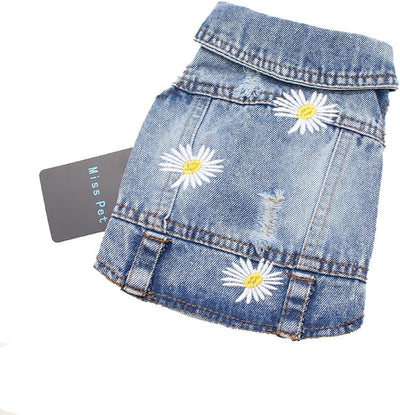Pet Clothes Vintage Denim Dog Jacket with Daisy Embroidery - Puppy Stylish Pet Coat for Chihuahua, Yorkie Small Breeds - All-Season Comfort (Light-Blue,X-Small)