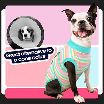 FUAMEY Recovery Suit for Dogs After Surgery,Soft Breathable Dog Bodysuit E-Collar & Cone Alternative Surgical Suit,Male Female Dog Neuter Spay Suits Anti Licking Wounds Onesie Mint Green Stripes XS