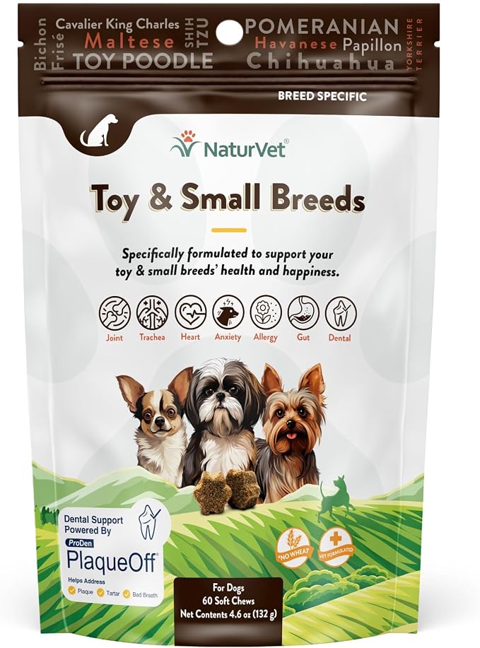 Small Breeds Supplement- for Joint Support, Digestion, Skin, Coat Care- Dog Multivitamins with Minerals, Omega-3, PlaqueOff- Wheat-Free Vitamins for Dogs- Toy and Small Breeds- 60 Soft Chews