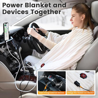 WOOMER 12V Electric Throw Blanket for Car – Soft Faux Fur & Cozy Sherpa with 2 Output USB Ports (1A +1 C) 4 Heating Levels & 4 Hours Auto Off, Machine Washable, 59" X 43", Beige