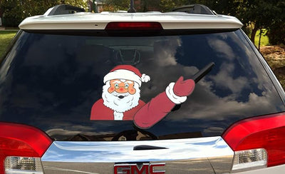 The ORIGINAL Santa Claus Waving Arm Winter WiperTag for Christmas Holiday with Decal attaches to rear vehicle wiper blade. Made in USA.