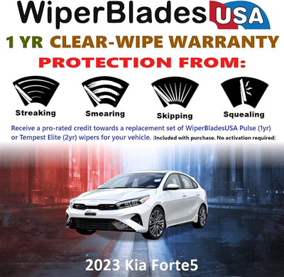 WiperBladesUSA Wiper Blades Set w/ 1yr warranty compatible with Kia Forte5 2023 Wipers (Set of 3) w/Rear Wiper Pulse Wipers