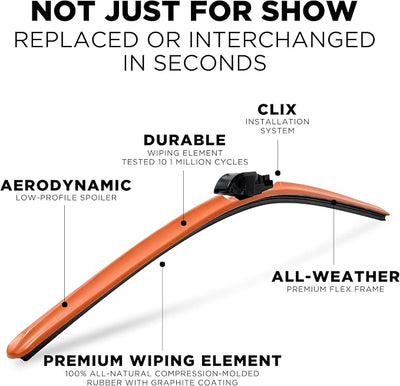 ClixWipers 22" + 16" (Set of 2) Orange All Weather Premium Automotive Replacement Windshield Wiper Blades, Passenger and Driver Side Winter Wiper Blades for Various Car Models