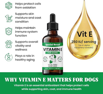 Vitamin E for Dogs Liquid 250 IU - Vitamin E Oil for Dogs Skin and Coat Support - Dog Immune Support Antioxidant Supplement - Bacon Flavor - 60 Servings - 2 oz