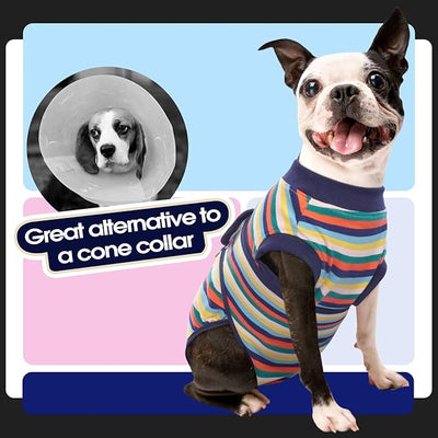 FUAMEY Recovery Suit for Dogs After Surgery,Soft Breathable Dog Bodysuit E-Collar & Cone Alternative Surgical Suit,Male Female Dog Neuter Spay Suits Anti Licking Wounds Onesie Dark Blue Stripes L