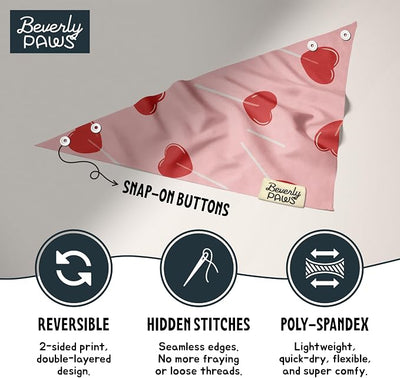 Snap-On Dog Bandana for Small Medium Large Pets, Dogs Cats Adjustable Handkerchief Scarf for Girl & Boy, Funny Cute Puppy Apparel & Accessories (Heart Lollipops, Large)
