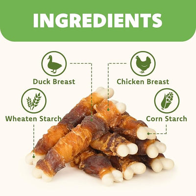 MON2SUN Double Flavor Dog Treats, 4 Inch Chicken and Duck Wrapped Calcium Bones, Rawhide Free Chews for Small Dogs, Teeth Cleaning Bones, 21.16oz (30 Count-Pack of 1)