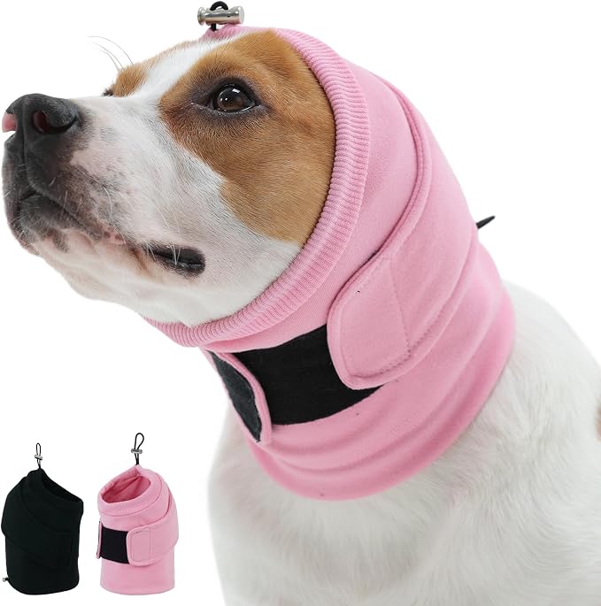 Dog Noise Canceling Ear Wrap, Anxiety Relief Calming Hoodie, Pink L | Thick padded double-Layer with dual noise canceling technology, Anti-slip hook & loop fastener, Fireworks Grooming Vet-visit
