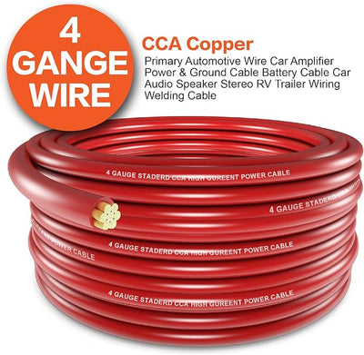 4 Gauge Wire (25ft Each - Red/Black) Copper Clad Aluminum CCA - Primary Automotive Wire,Car Amplifier Power & Ground Cable, 20PCS Lugs Terminal Connectors,20PCS 3:1 Heat Shrink Tubing