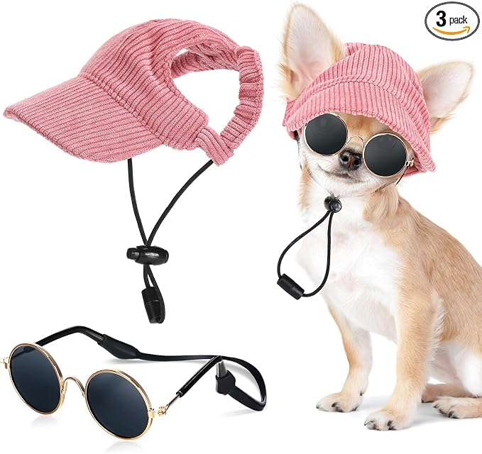 Jadive Medium Dog Sun Hat with Ear Holes, Dog Cat Sunglasses with Anti-Slip Silicone Rope Baseball Cap Adjustable Puppy Sunbonnet Headdress Beach Visor Hat for Puppies Summer Outdoor (Pink)