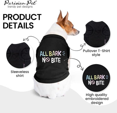 Parisian Pet Dog Shirt – 100% Cotton Shirts for Small Dogs - Black Sleeveless Puppy Vest – All Bark No Bite Pet Apparel – Breathable Pullover Summer Dog Clothes - Stretchy Funny T Shirts for Dogs