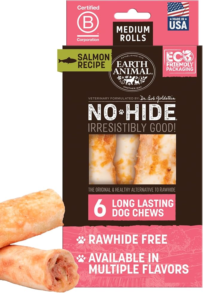 No Hide Chews - Long Lasting Rawhide Free Medium Dog Chews Rolls, Salmon - 6 Count