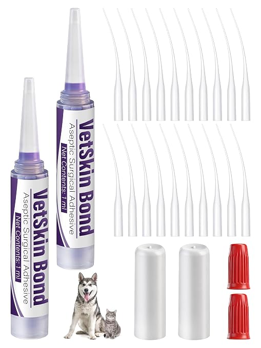 2 Pack 1ml Veterinary Surgical Skin Glue with 20 Applicators, Strong Surgical Adhesive, Blue Tinted Fast Acting Tissue Wound Glue, Up to 10 Applications, Ideal for Small Pet or Single Pet Home
