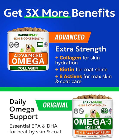BARK&SPARK Advanced Omega-3 Collagen for Dogs - 180 Salmon & Fish Oil Treats for Dog Shedding, Skin Allergy Chews, Itch Relief, Hot Spots Treatment - Joints, Skin & Coat Supplement,EPA&DHA Fatty Acids