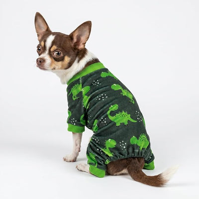 Fitwarm Dinosaur Dog Fleece Pajamas, Warm Clothes for Small Dogs Boy, Cozy Pet Onesie with Feet, Dark Green, Bright Green, XXL