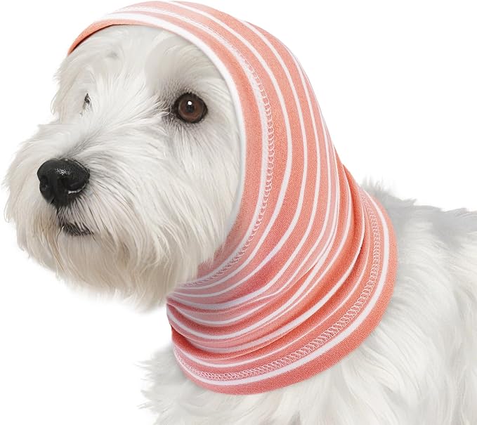 Calming Hoodie Dog Grooming Ear Cover Anxiety Relief-No Shake Dog Ear Wrap Hematoma, Striped Head Wrap Snoods for Noise Protection, Bath, Fireworks, Thunderstorm, Blow Drying, Warm-Keeping
