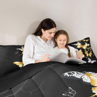 Erosebridal Butterfly Duvet Insert King Size for Girls Boys Women, Black and Gold Quilted Duvet Silver Gold Bedding Set, Soft Luxury Microfiber Comforter Set, 1 Comforter + 2 Pillow Cases