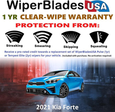 WiperBladesUSA Wiper Blades Set w/ 1yr warranty compatible with Kia Forte 2021 Wipers (Set of 2) Pulse Wipers