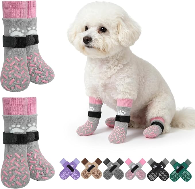 SCENEREAL Anti Slip Dog Socks to Prevent Licking Paws for Hot/Cold Pavement, Paw Protector Traction Control on Hardwood Floor, Dog Shoes Booties for Puppy Small Medium Large Senior Dogs, Pink XS