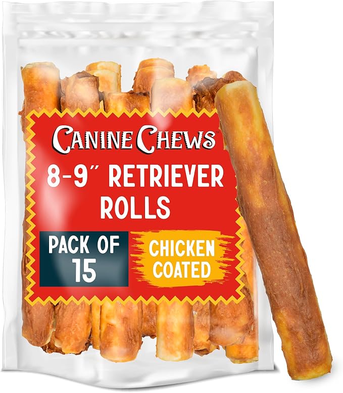 8-9" Chicken Coated Dog Rawhide Retriever Rolls (15 Pack) - Chicken Rawhide Bones for Large Dogs - 100% USA-Sourced Chicken Coated Dog Rawhide Chews - Healthy Dog Dental Chew Rawhides