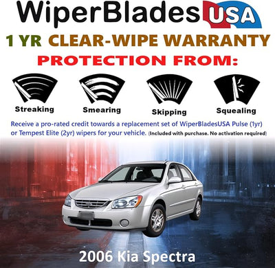 WiperBladesUSA Wiper Blades Set w/ 1yr warranty compatible with Kia Spectra 2006 Wipers (Set of 2) Pulse Wipers