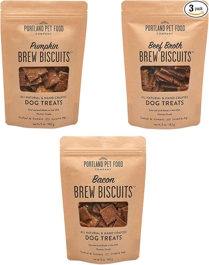 CRAFTED BY HUMANS LOVED BY DOGS Portland Pet Food Company Brew Biscuit Dog Treats (3 x 5 oz Bags Variety Pack) – Mixed Flavors –All Natural, Human-Grade, USA-Sourced and Made