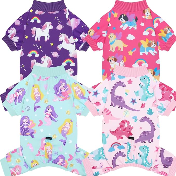 XPUDAC 4 Pack Dog Pajamas for Small Dogs, Cute Puppy Clothes with Drawstring Adjustable, Stretchy Soft Dogs Pjs Onesie Shed Defender Doggie Suit Pet Clothes Girl Outfit, XS