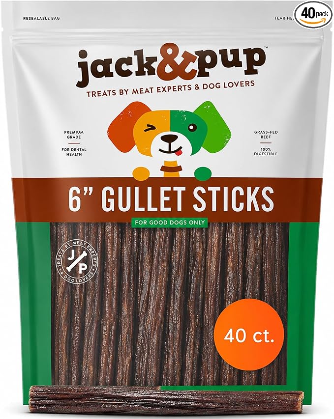 Jack&Pup 6-inch Gullet Sticks for Dogs – Odor Free Joint Health Support Dog Chews – Fresh and Savory Beef Gullet Sticks - Naturally Rich in Glucosamine and Chondroitin (40 Pack)