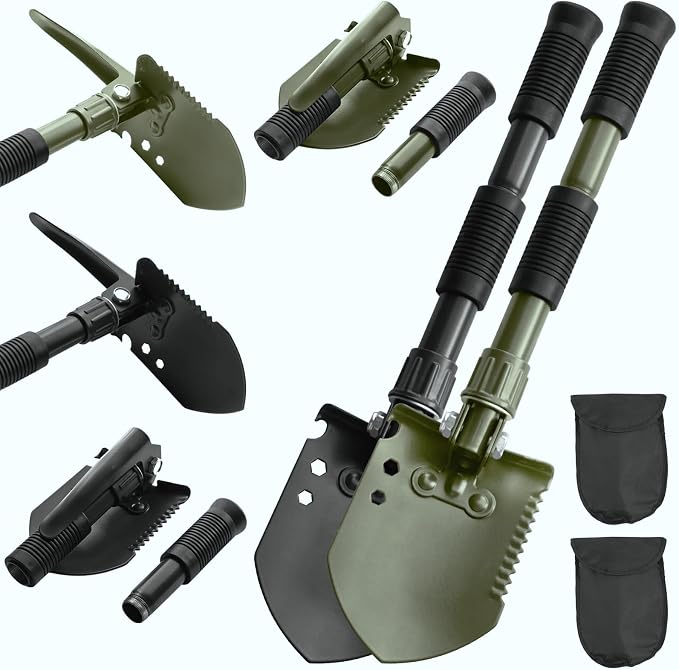 Folding Camping Shovel, Carbon Steel Multi-Tool Survival Shovel for Outdoor, Emergency, Hiking, Car Off-Road (2-Pack)