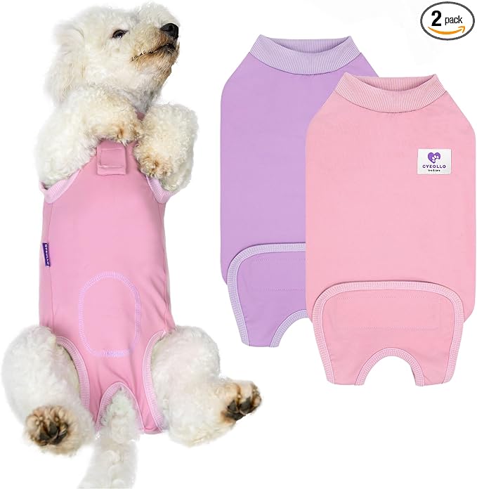 cyeollo 2pack Surgery Recovery Suit for Dogs Cats Soft Breathable Female Male Pet Bodysuit After Surgery for Spay, Neuter, Surgical Recovery Onesie Shirt for Small Dogs, Pink & Purple, XS