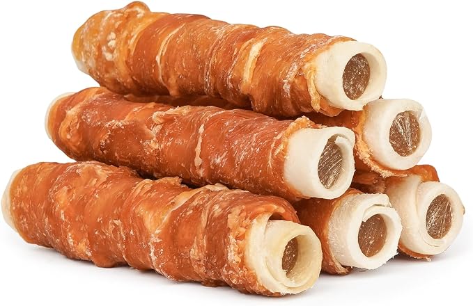 Dog Treats 5 Inch Chicken Wrapped Stuffed Rawhide Rolls with Beef and Chicken Liver, Rawhide Chews for Medium Dogs, 10.6 oz (6 Count)