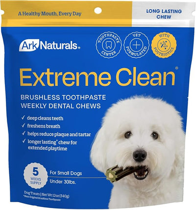 Ark Naturals Extreme Clean Brushless Toothpaste for Small Breeds, 12 oz Bag, Long-Lasting Dog Dental Chew with Toothpaste Center, Freshens Breath, Reduces Plaque & Tartar