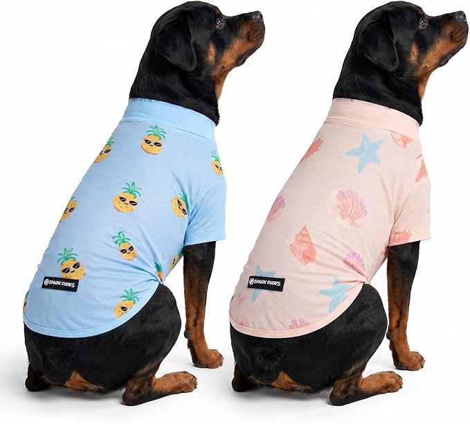 Spark Paws Sunblock Dog T-Shirt, SPF30 Protection, Lightweight Breathable Quick Dry for Dogs with Sensitive Skin- Pineapple & Seashells (Set of 2) - Size 4XL