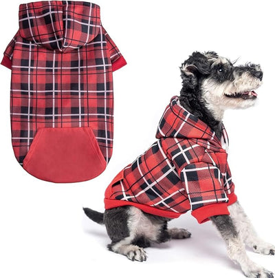 EXPAWLORER Plaid Dog Hoodie - British Style Warm Dog Sweater Shirt with Leash Hole,Pitbull Clothes Outfits,Winter Coat Apparel for All Breeds Puppy Girl Boy-Cat Apparel,Red Medium
