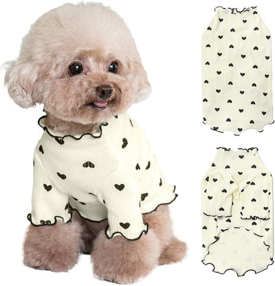 Pet Clothes for Small Dogs Cat Summer Fall Heart Print Shirt Stretchable Ruffle Long Sleeve Outfits for Chihuahua Schnauzer Shih Tzu Yorkie (Beige, Medium)