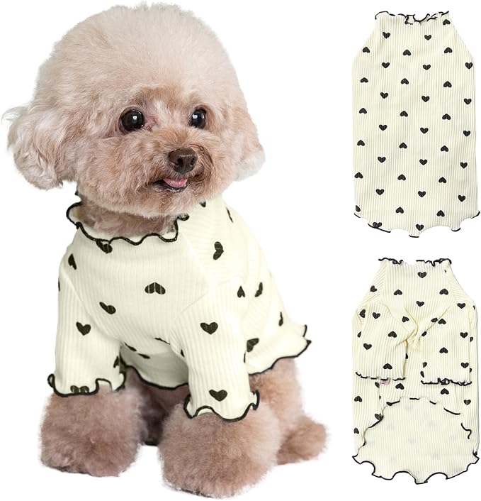 Pet Clothes for Small Dogs Cat Summer Fall Heart Print Shirt Stretchable Ruffle Long Sleeve Outfits for Chihuahua Schnauzer Shih Tzu Yorkie (Beige, X-Large)